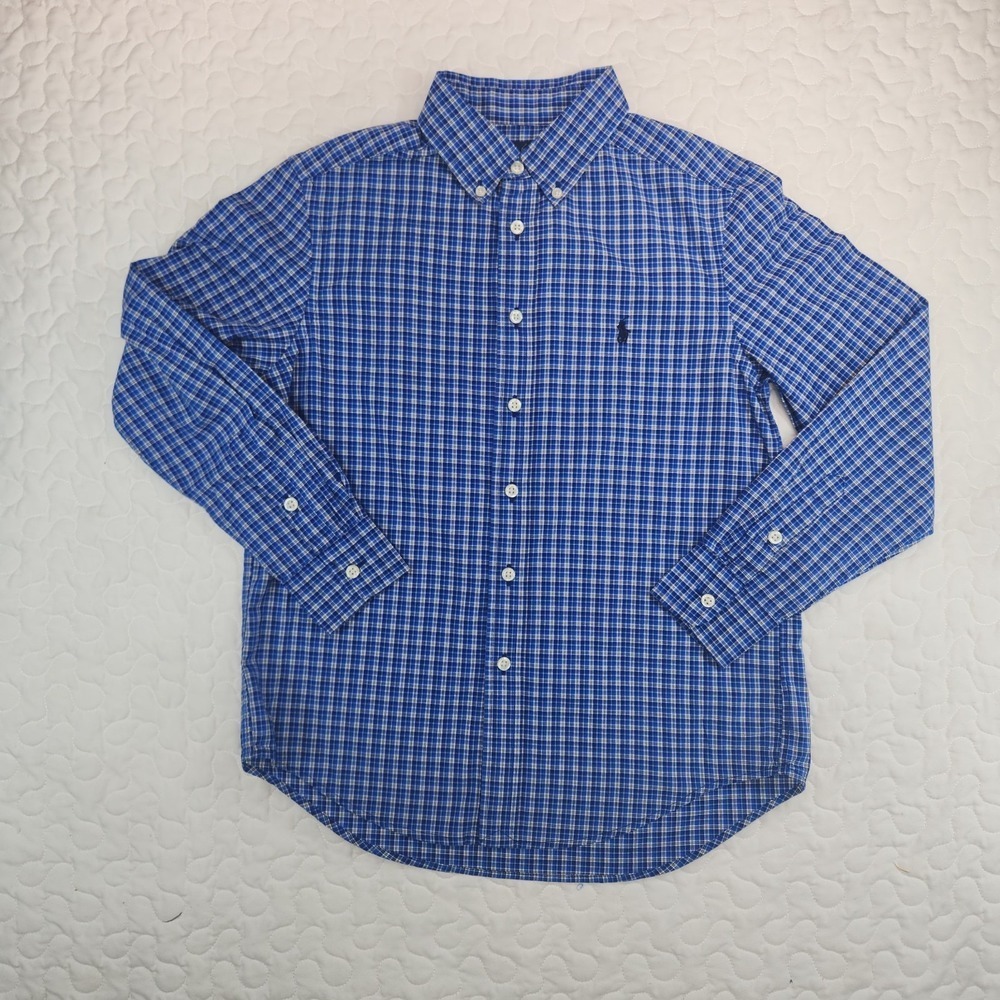 NEW Ralph Lauren BOYS Plaid Stretch Cotton Button Up Down Shirt Blue M 10 12 L/S